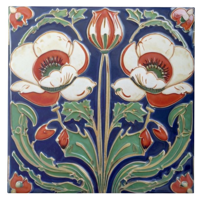 Poppy Flower Art Deco Nouveau European Folk Art Kakelplatta (Framsidan)
