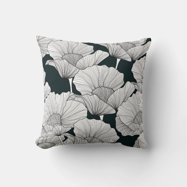 Poppy Flower, Black White Line. Kudde (Framsida)