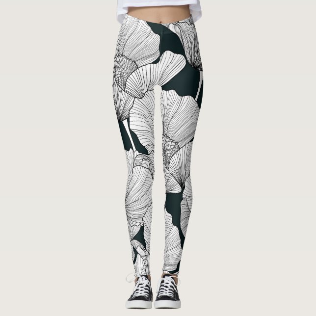 Poppy Flower, Black White Line. Leggings (Framsida)