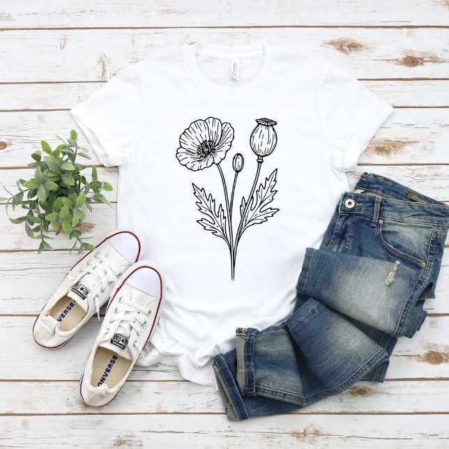 Poppy Flower Botanical Bloom Line Art T Shirt (Skapare uppladdad)