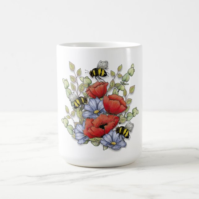 Poppy Flowers and Bees Digital Drawing, Botanical  Kaffemugg (Center)
