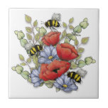 Poppy Flowers and Bees Digital Drawing, Botanical  Kakelplatta<br><div class="desc">This is a digital drawing of some lovely red poppies,  delicate blue flowers,  eucalyptus leaves,  and bumble bees ...  an imaginative compilation of botanical design.</div>