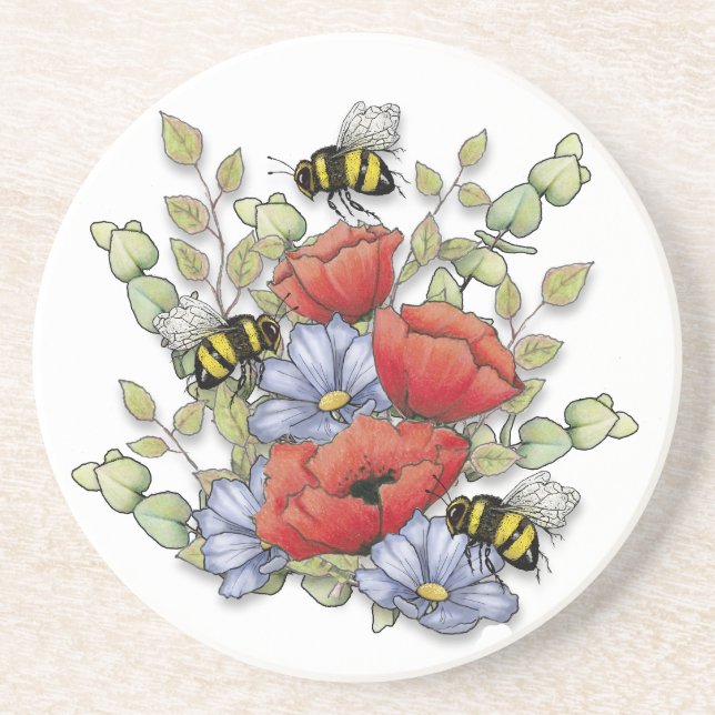 Poppy Flowers and Bees Digital Drawing, Botanical  Underlägg (Framsidan)