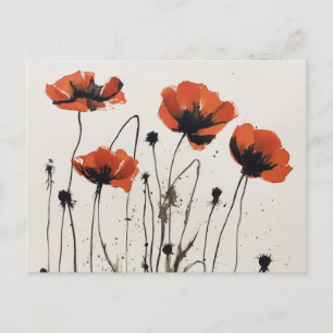 Poppy Flowers Bläck Teckning vykort