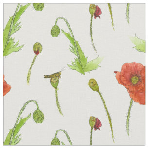 Poppy Flowers Botanical Illustration Red Blommigt Tyg