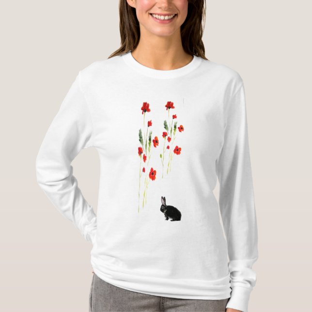 Poppy Flowers Bunny Rabbit Art T Shirt (Framsida)