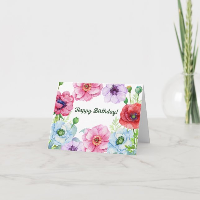 Poppy Flowers i grattis på födelsedagen Watercolor Kort (Framsida)