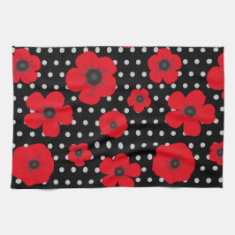 Poppy Flowers on Black and White Spots Kökshandduk
