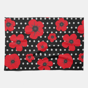 Poppy Flowers on Black and White Spots Kökshandduk
