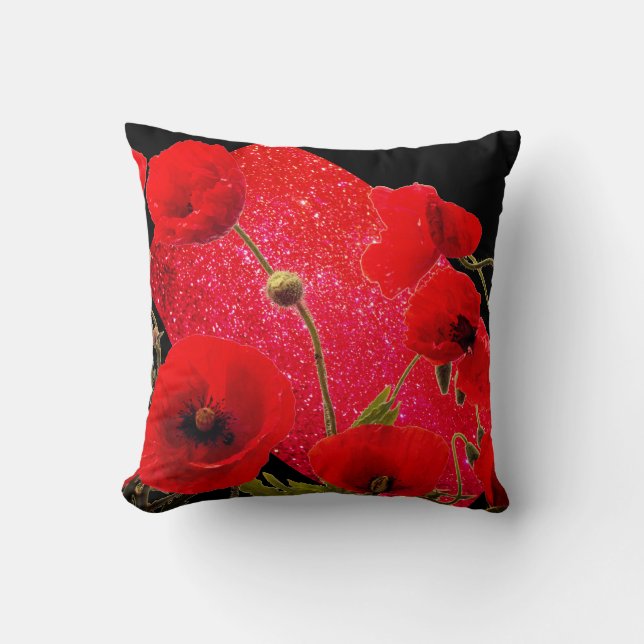 Poppy Flowers Red Glitter Gnistra Black Colorful Kudde (Framsida)