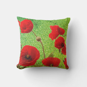 Poppy Flowers Red Grönt Glitter Artsy Abstrakt Kudde