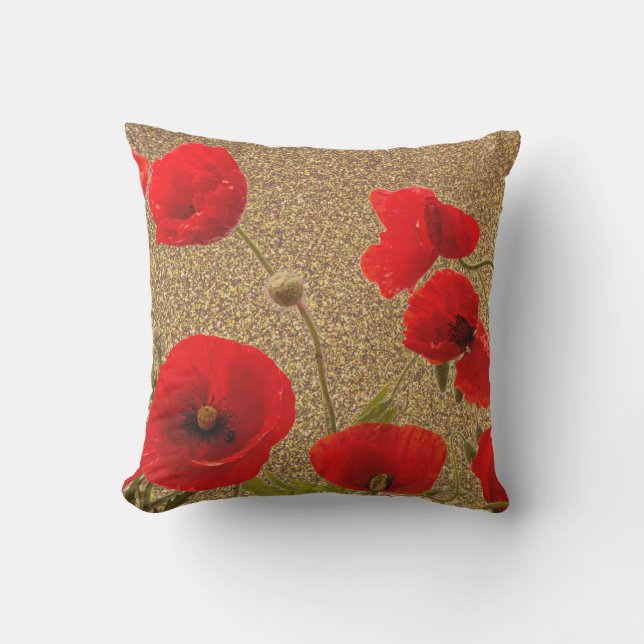 Poppy Flowers Red Guld Glitter Golden Rustic Kudde (Framsida)