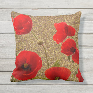 Poppy Flowers Red Guld Glitter Golden Rustic Kudde