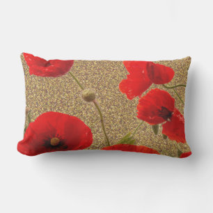 Poppy Flowers Red Guld Glitter Golden Rustic Lumbarkudde