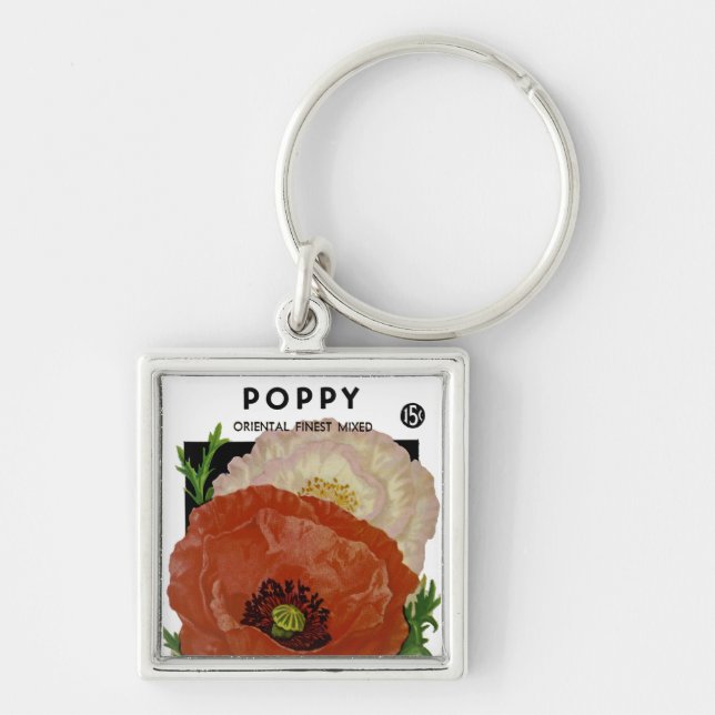 Poppy Fyrkantig Silverfärgad Nyckelring (Framsidan)