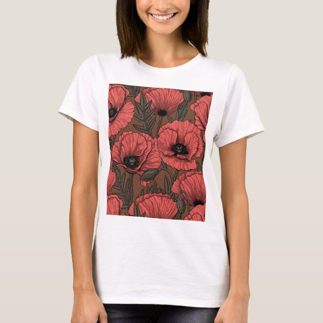 Poppy garden in coral and brown t shirt (Framsida)