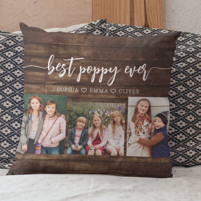 Poppy Grandfather Grandchildren Wood Photo Collage Kudde (Skapare uppladdad)