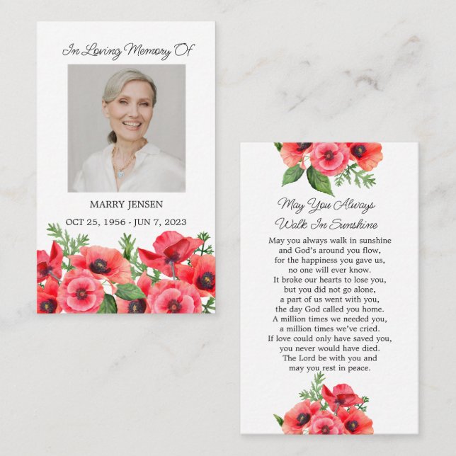 Poppy Memorial Photo Funeral Prayer Card Visitkort (Fram/baksida)