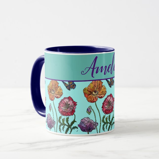 Poppy Poppies Red Shabby chic Aqua Blommigt Flower Mugg (Framsida vänster)