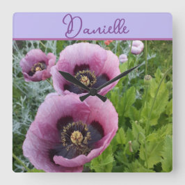 Poppy Purple Flower floral Girls Name Poppies Fyrkantig Klocka