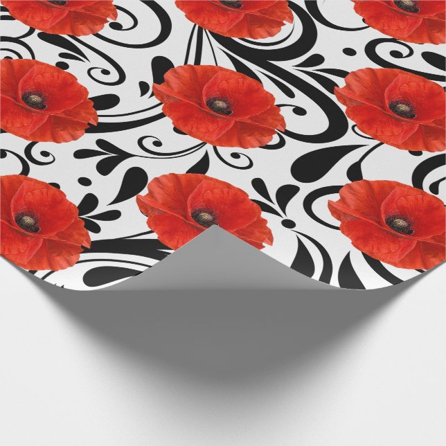 Poppy Red Flower Black White Glam Rand Chic Presentpapper (Hörn)