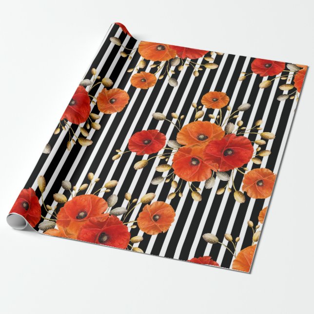 Poppy Red Flower Black White Glam Rand Glam VIP Presentpapper (Utrullad)