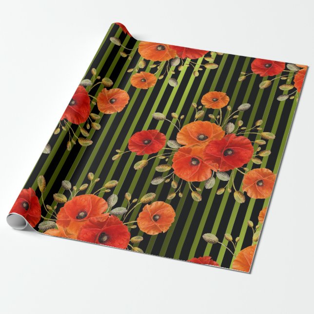 Poppy Red Flower Black White Glam Rand Grönt Presentpapper (Utrullad)