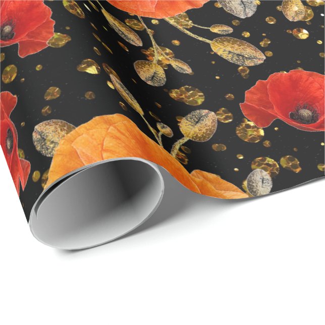 Poppy Red Flower Glam Black Guld Confetti Presentpapper (Rullad Hörn)