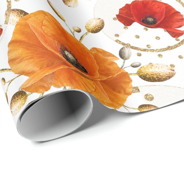 Poppy Red Flower Orange Glam White Guld Metallic Presentpapper (Rullad Hörn)