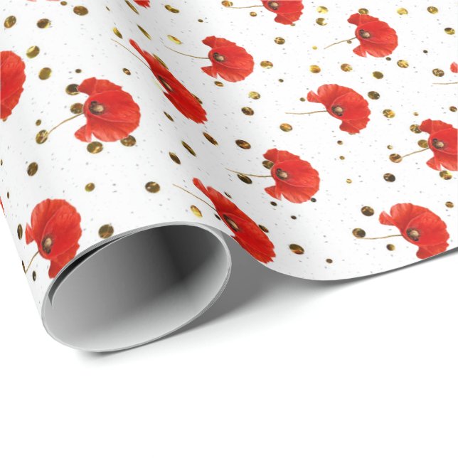 Poppy Red Flower White Guld Confetti Glitter Presentpapper (Rullad Hörn)