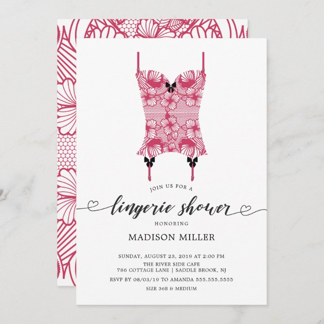 Poppy Red Snöre Corset Möhippa Lingerie Shower Inbjudningar (Fram/baksida)