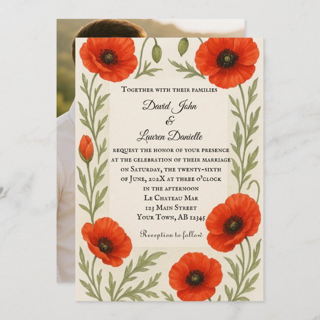 Poppy Reverie Photo Wedding Invitation Inbjudningar (Fram/baksida)