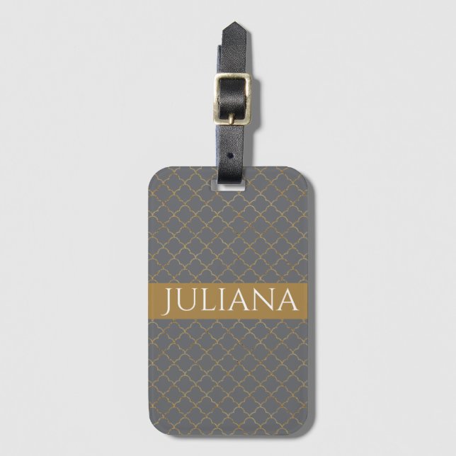 Poppy Seed Grått och Guld Quatrefoil Personlig Bagagebricka (Framsida vertikal)