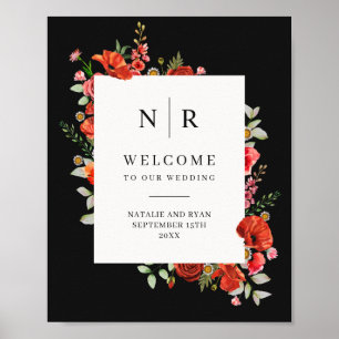 Poppy WildblommMörk Monogram Bröllop Poster