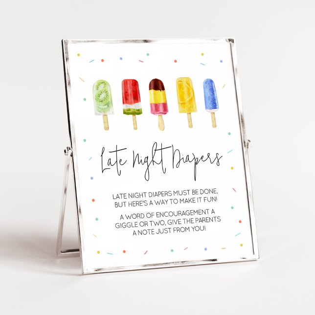 Popsicle Baby Shower Late Late Natt Diaper Poster (Ready to Pop Baby Shower Late Night Diapers Sign)