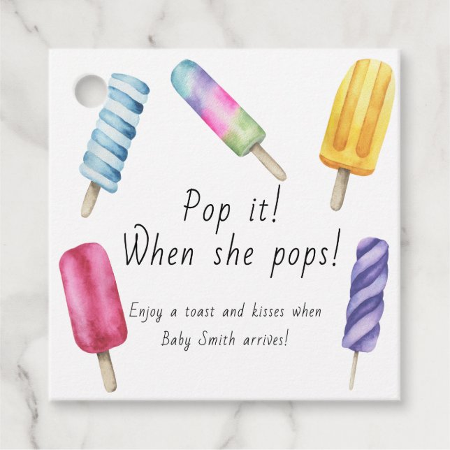 Popsicle Baby shower Pop det När hon föder Gåvor Etiketter (Framsida)
