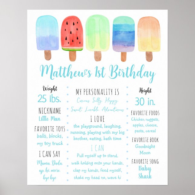 Popsicle Blue Boy First Birthday Milestone Poster (Framsidan)