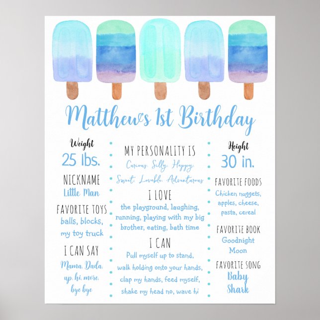 Popsicle Blue Boy First Birthday Milestone Poster (Framsidan)