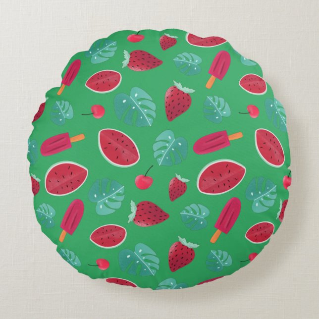 Popsicle, Cherry, Strawberry & Watermelon Rund Kudde (Framsidan)