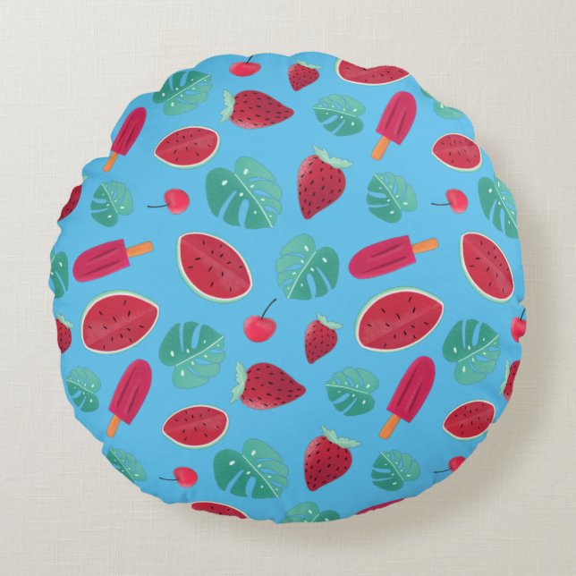 Popsicle, Cherry, Strawberry & Watermelon Rund Kudde (Framsidan)