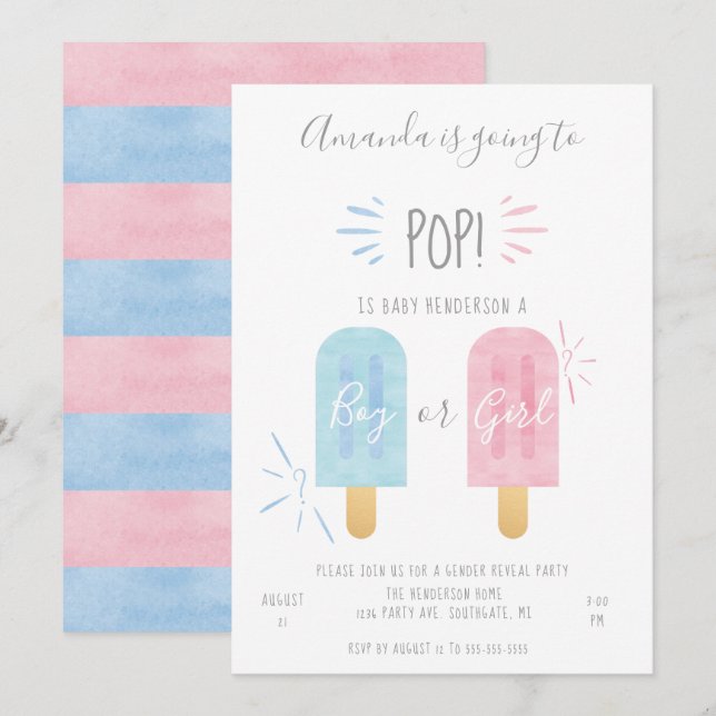 Popsicle Gender Revisa inbjudan, Boy eller Girl Inbjudningar (Fram/baksida)