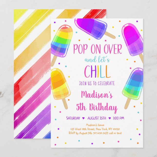 Popsicle Rainbow Rosa Girl Birthday-inbjudan Inbjudningar (Fram/baksida)