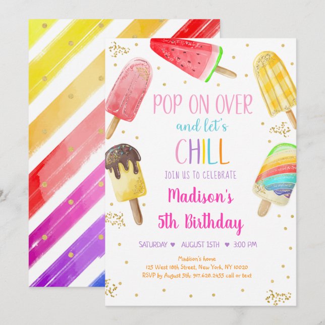 Popsicle Rainbow Rosa Guld Girl Birthday Inbjudningar (Fram/baksida)