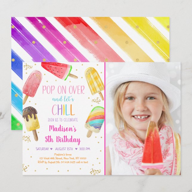 Popsicle Rainbow Rosa Guld Girl Birthday Inbjudningar (Fram/baksida)