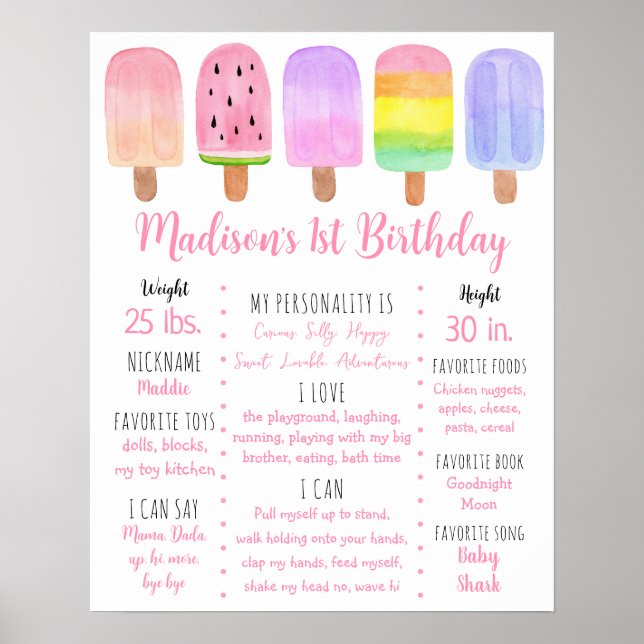 Popsicle Rosa Girl First Birthday Milestone Poster (Framsidan)