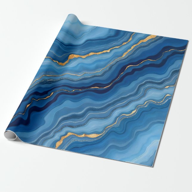 Populär Azure Blue Guld Marble Collection Presentpapper (Utrullad)