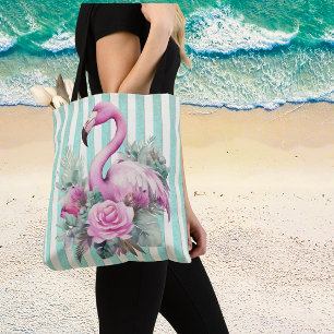 Populär Blommigt Rosa Flamingo på Mint Rand Tygkasse