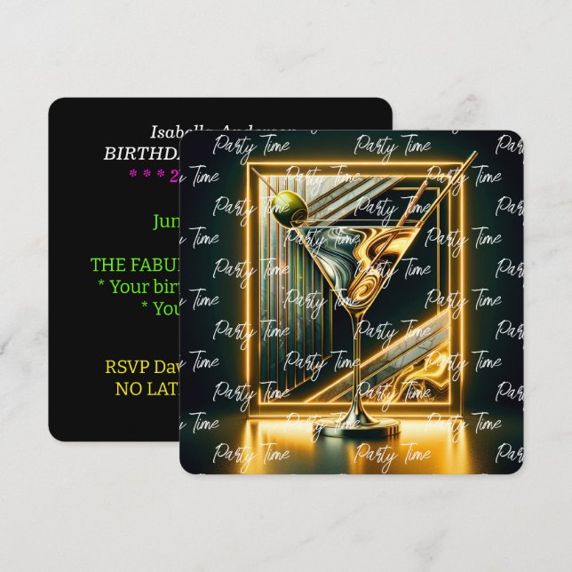 Populär Party Time Neon-Personlig Inbjudningar (Fram/baksida)