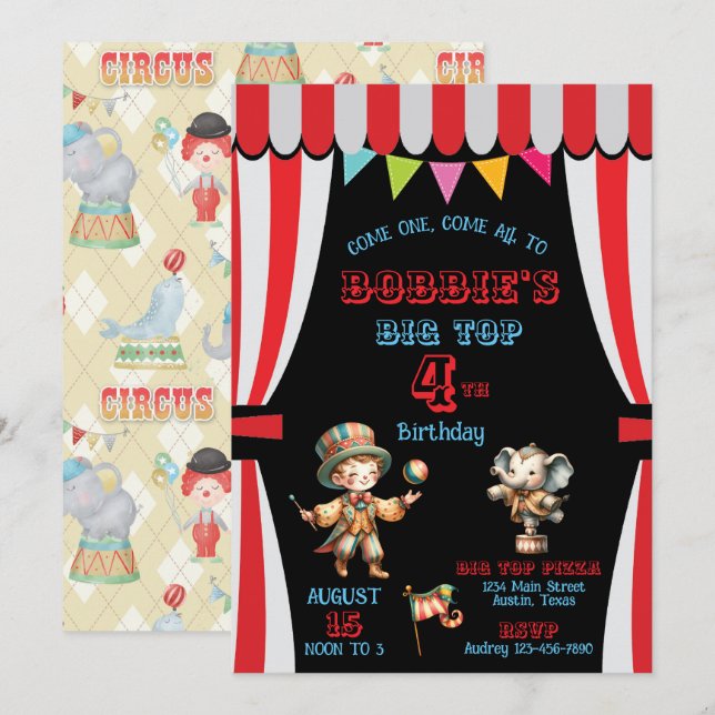 Populär populär cirkus-inbjudan på födelsedagen inbjudningar (Fram/baksida)