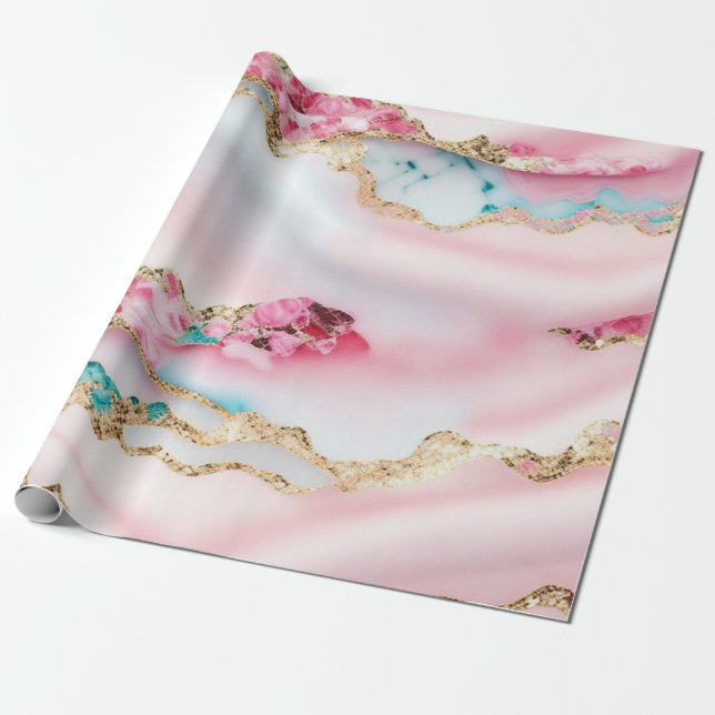 Populärsamling för ljusblå Rosa, marmor Agate Presentpapper (Utrullad)